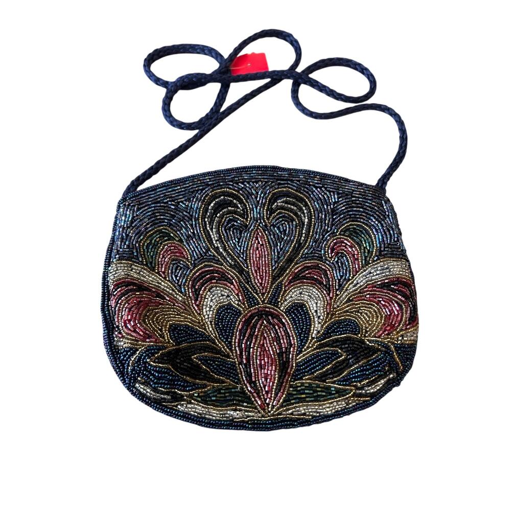 Vintage hand beaded clutch twisted rope shoulder strap satin crossbody purse